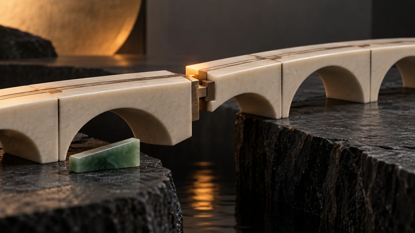 Ivory arched bridge with an exposed offset metal joint and a jade alignment wedge beside the gap.