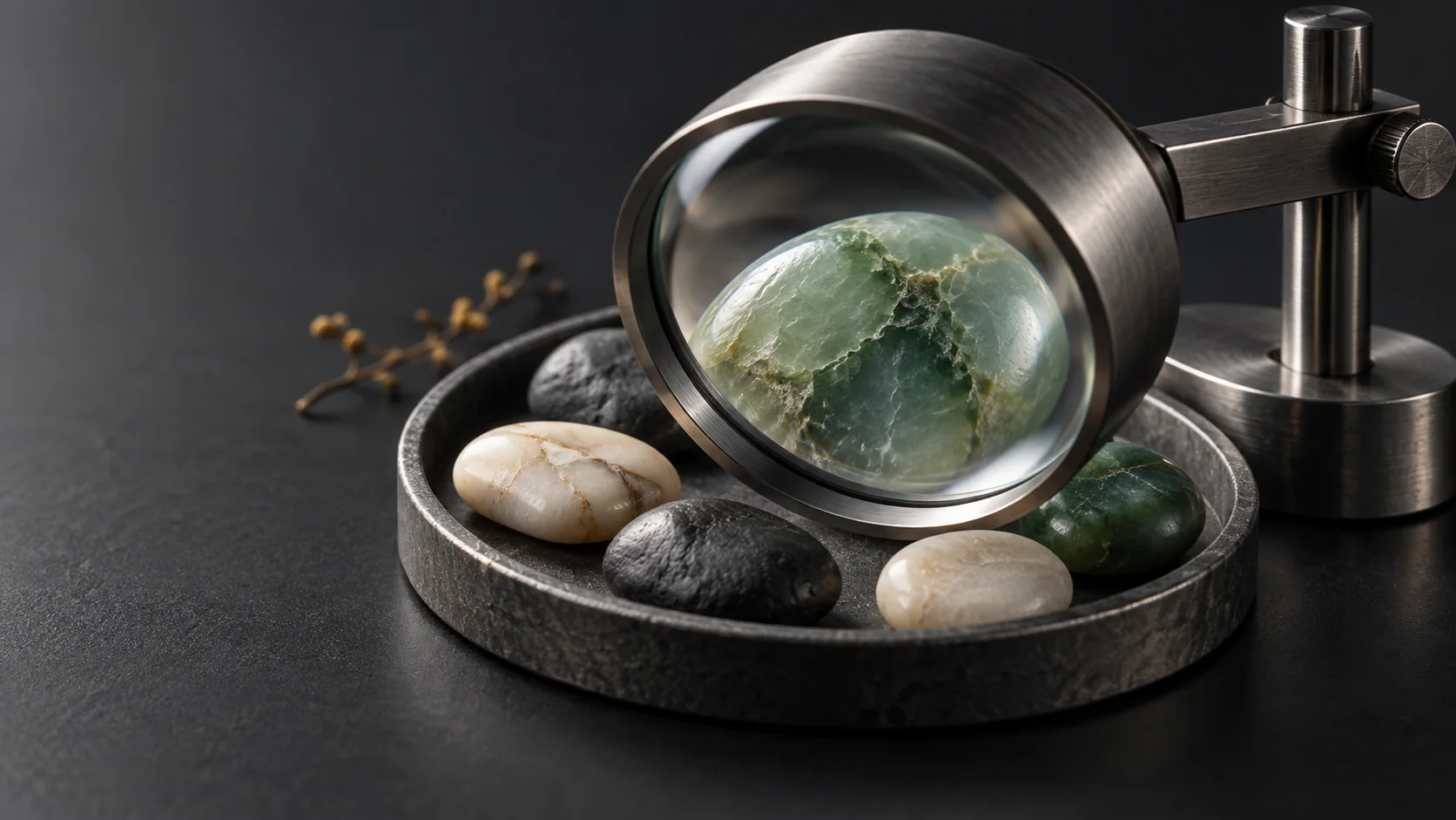 A mounted magnifying lens examines a jade stone among ivory and charcoal samples in a tray.