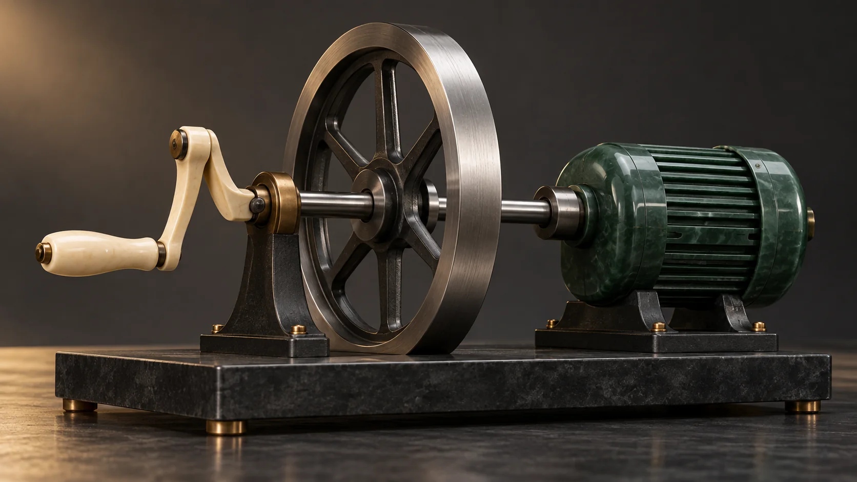An ivory hand crank and jade motor share the axle of a large brushed-metal flywheel.