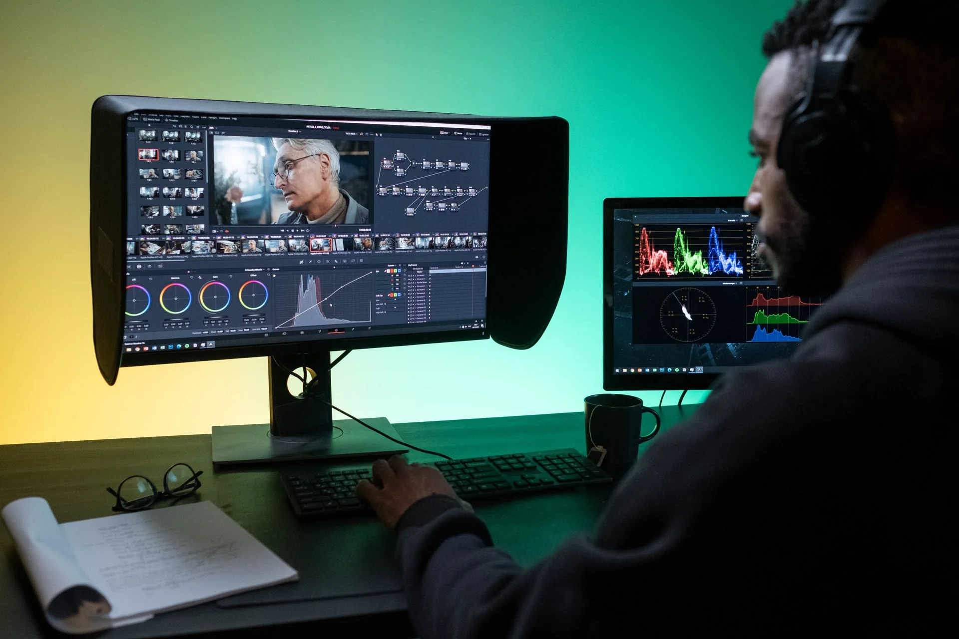 An editor wearing headphones reviews footage and color-grading controls across two monitors.