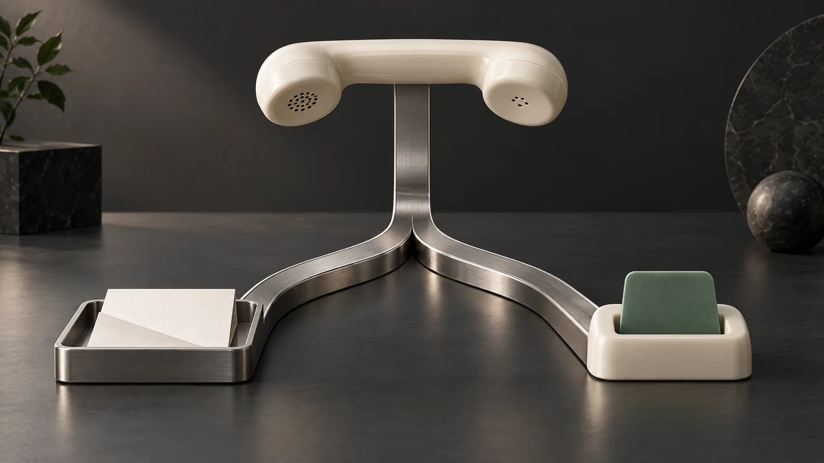 An ivory telephone receiver branches into a metal tray holding an envelope and a dock holding a jade card.
