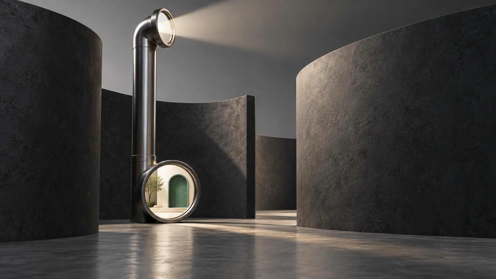 A tall metal periscope among curved charcoal walls reveals an ivory entrance with a jade door in its lower lens.