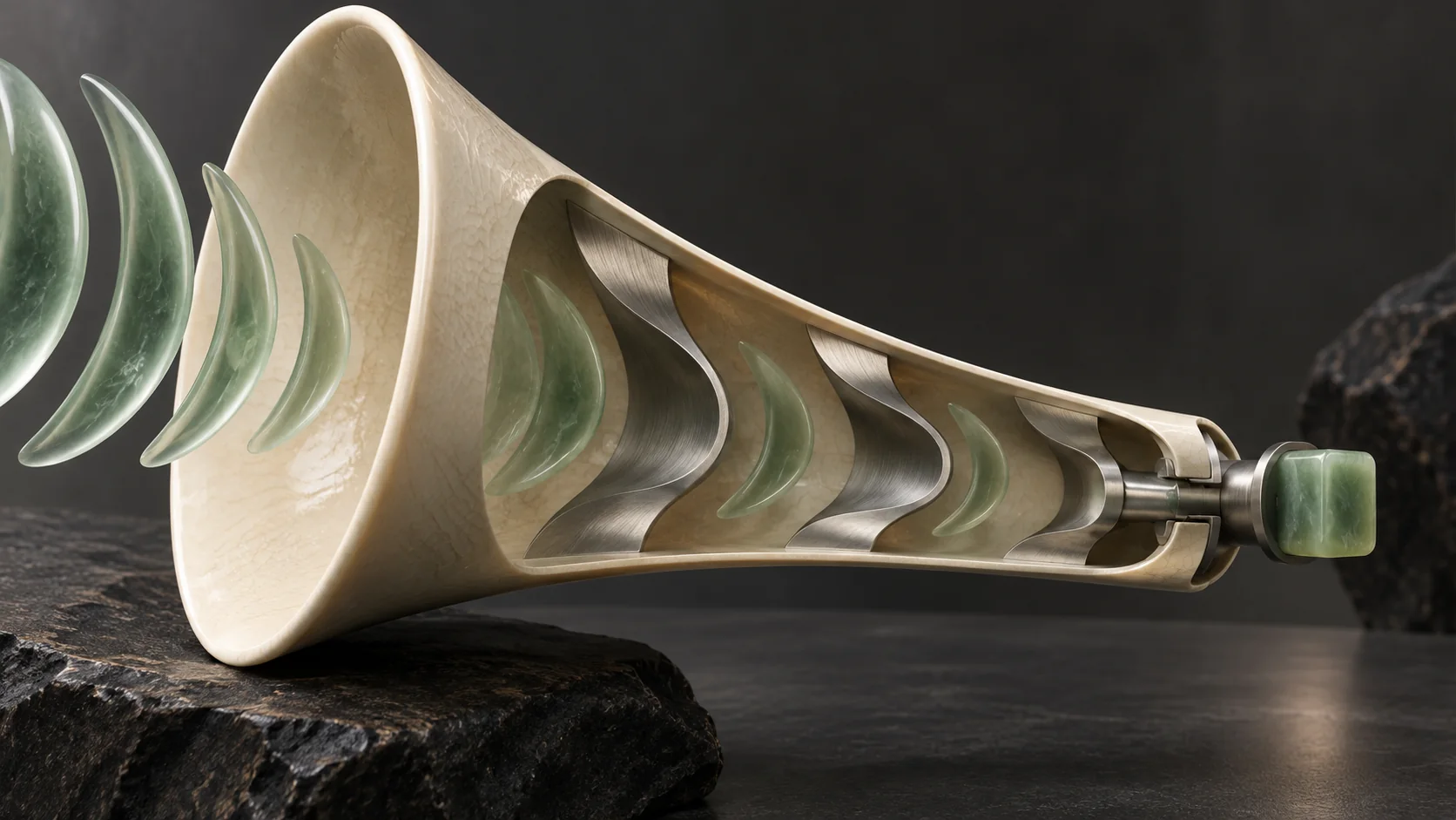 A cutaway ivory horn contains jade sound-wave shapes and curved metal baffles, ending in a small jade block.