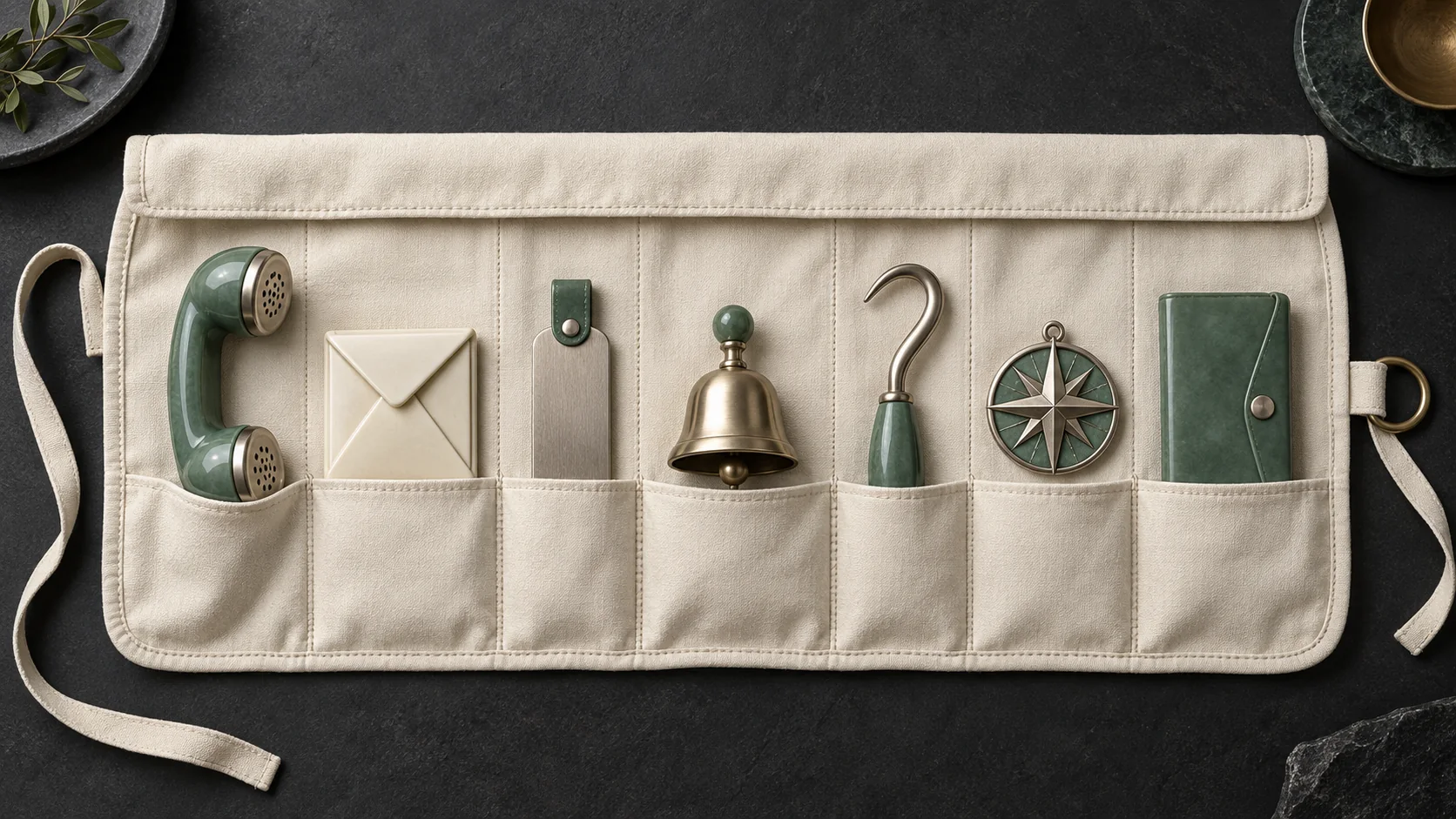 An ivory tool roll holds a jade receiver, envelope, tag, brass bell, hook, compass and closed jade wallet.