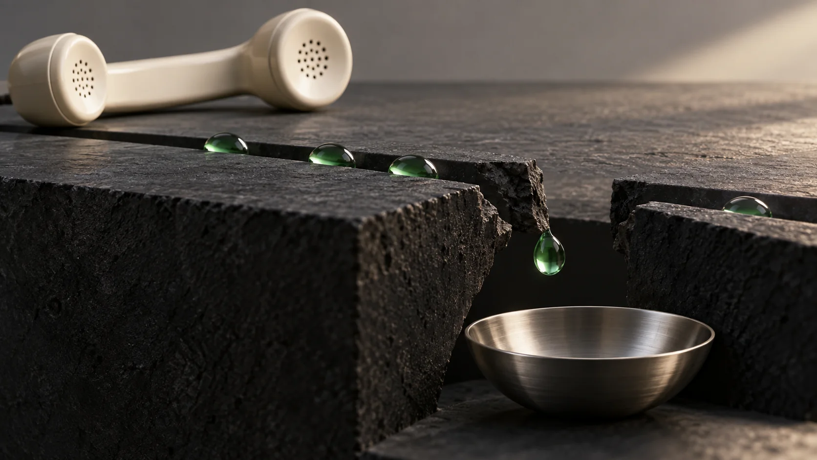 A jade droplet falls through a broken charcoal channel toward a metal bowl, with an ivory telephone receiver behind it.