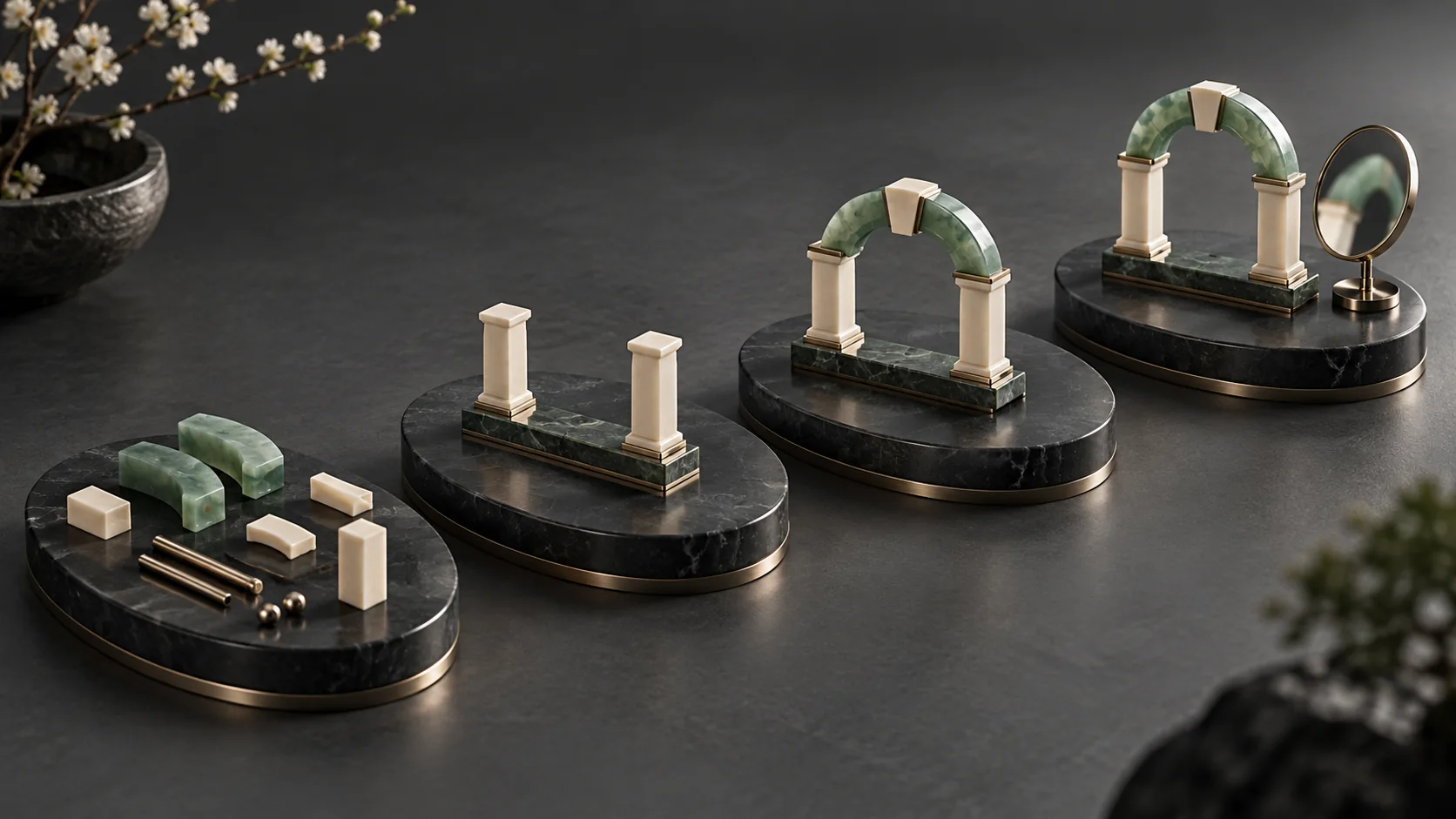 Four sculptural stages showing loose components becoming a finished jade and ivory arch