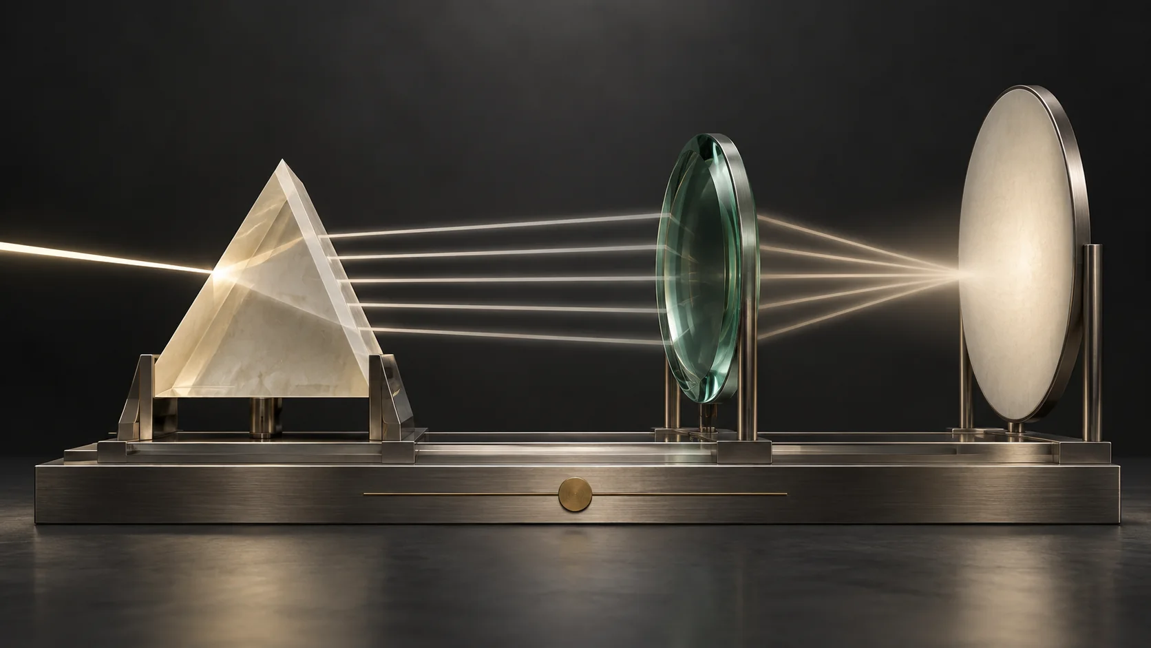 Conceptual ivory prism and jade lens directing light toward a circular panel on a metal base