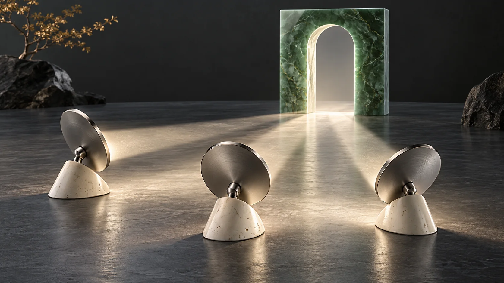 Three metal reflectors facing an illuminated jade doorway in a conceptual studio scene