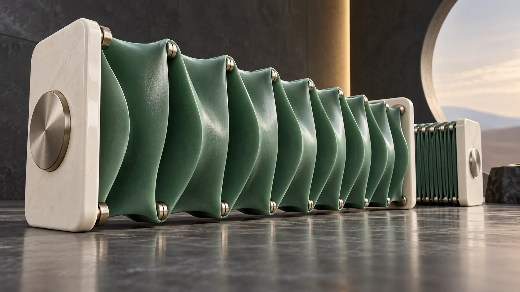 Expanded and compressed jade accordion mechanisms between ivory end plates