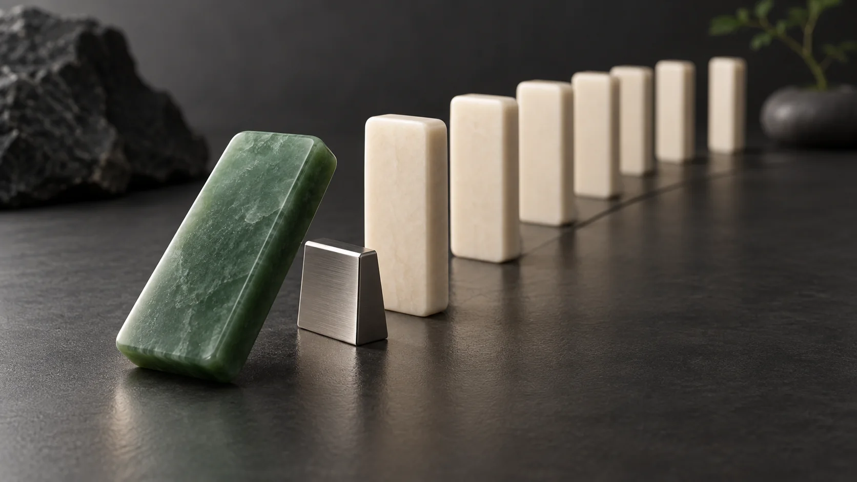 A leaning jade domino beside a metal stop and a row of blank ivory dominoes