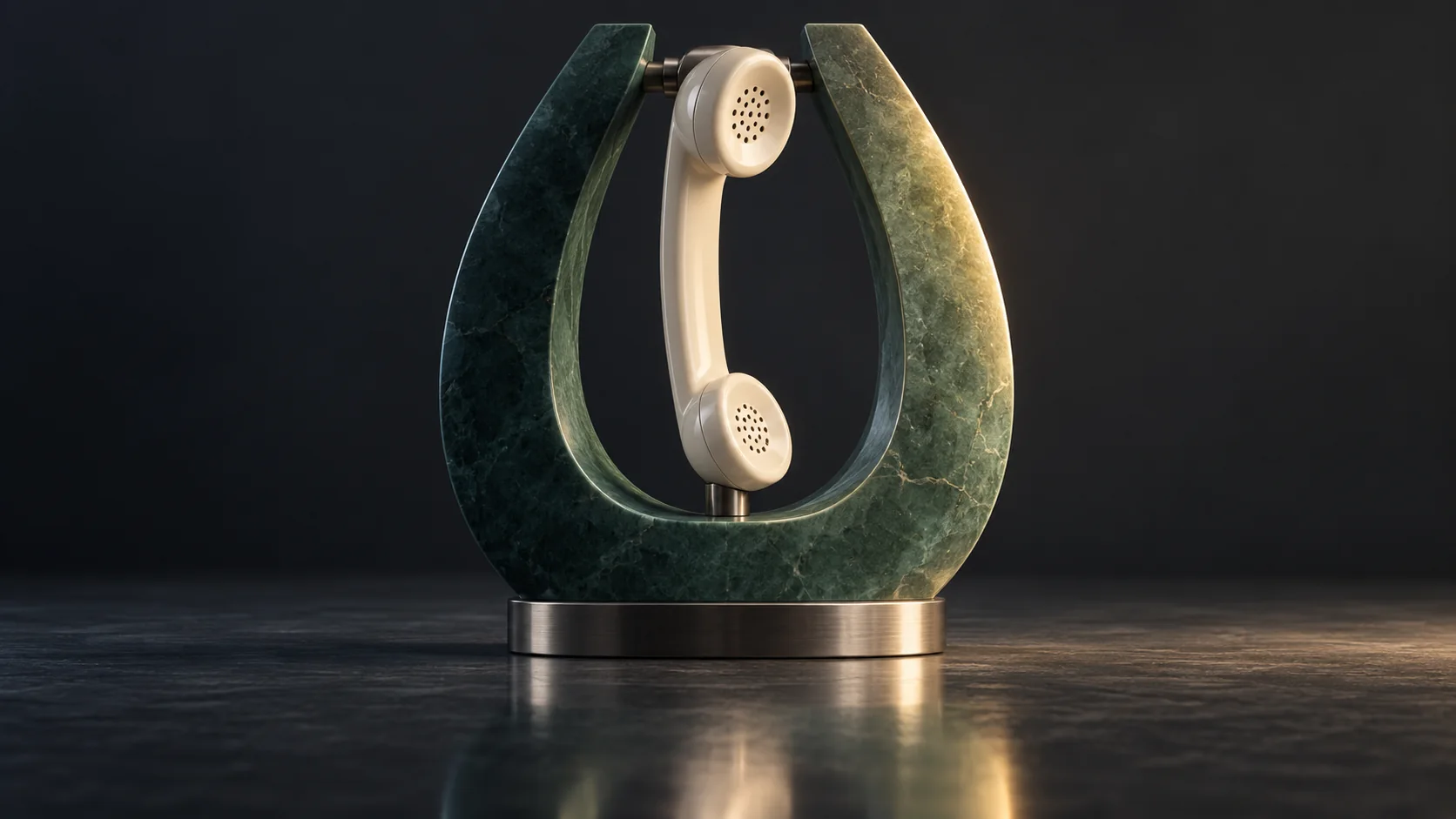 Ivory telephone receiver suspended inside a jade acoustic frame with cool and warm lighting.