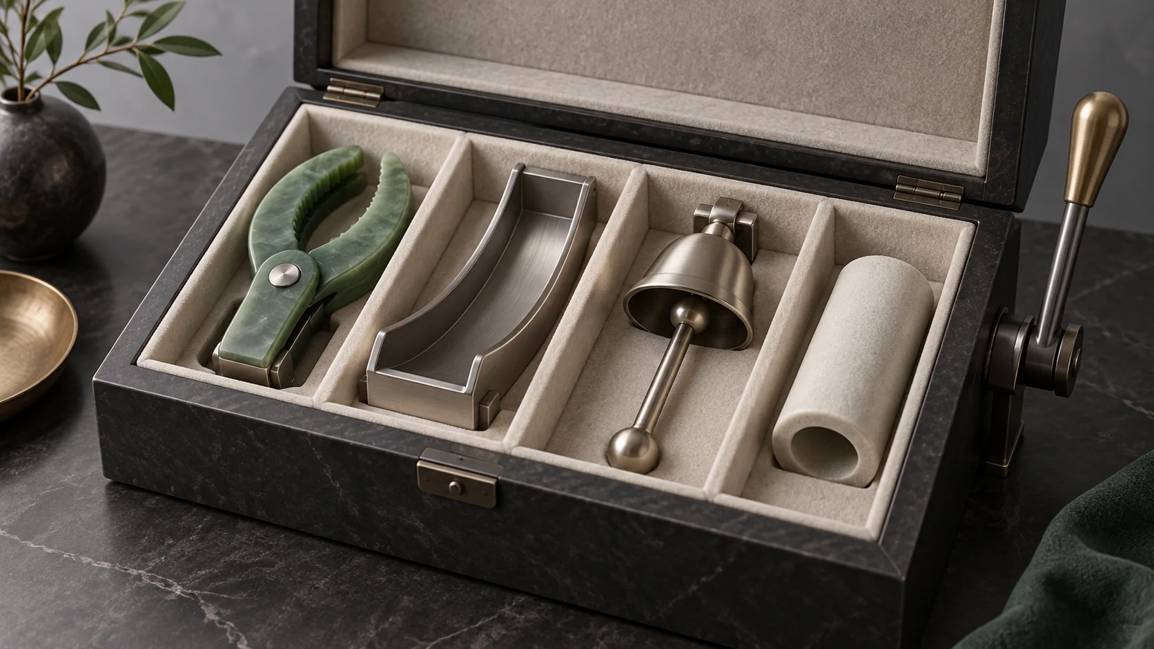 An open charcoal case holds a jade clamp, a curved metal chute, a bell and striker, and an ivory sleeve beside a release lever.