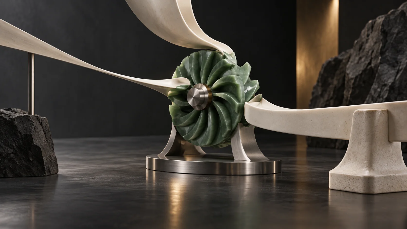 Three ivory vanes converge on a sculpted jade turbine wheel resting on a brushed-metal stand.